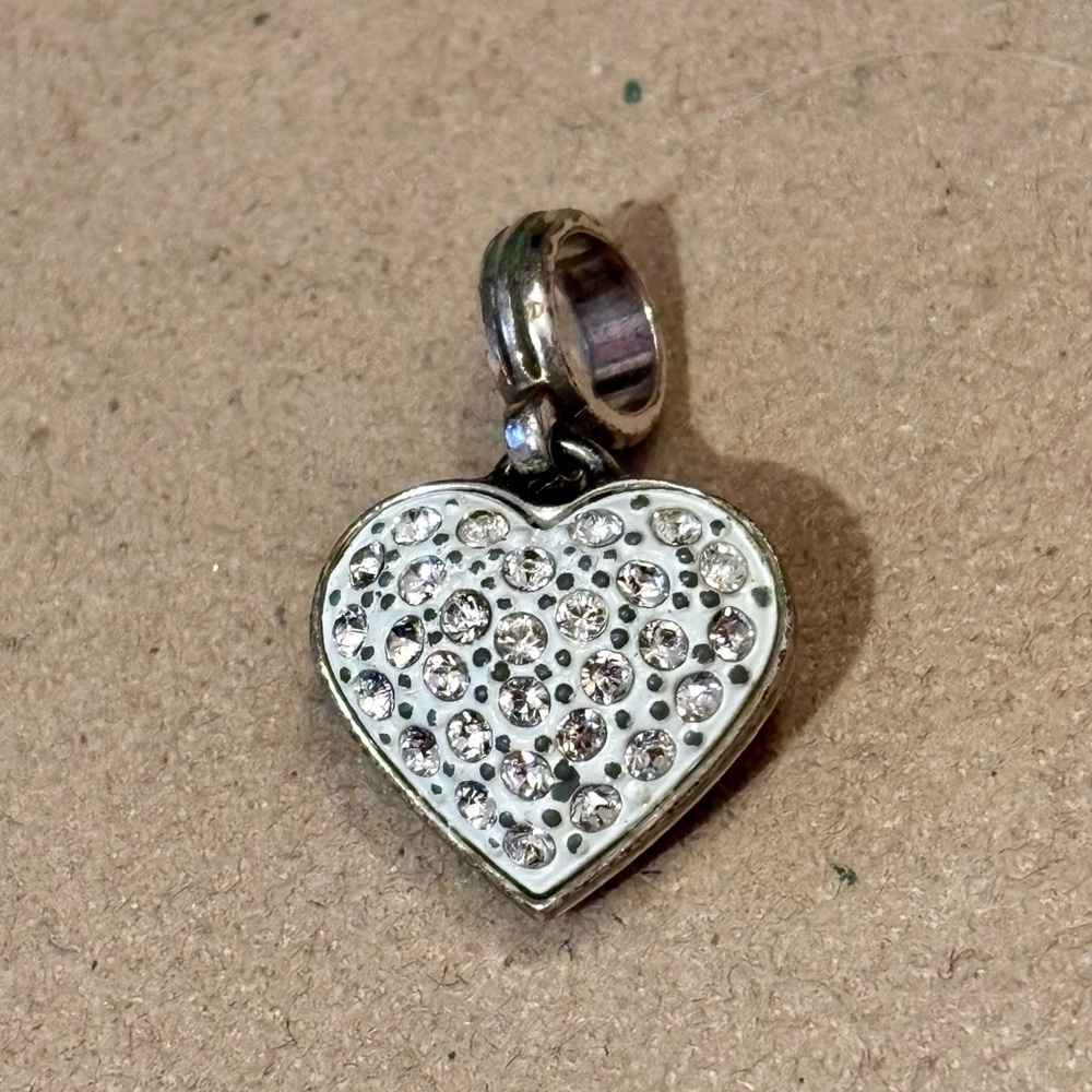 Brighton Cupid’s Kiss Heart charm Crystals on white Silver scroll back Retired